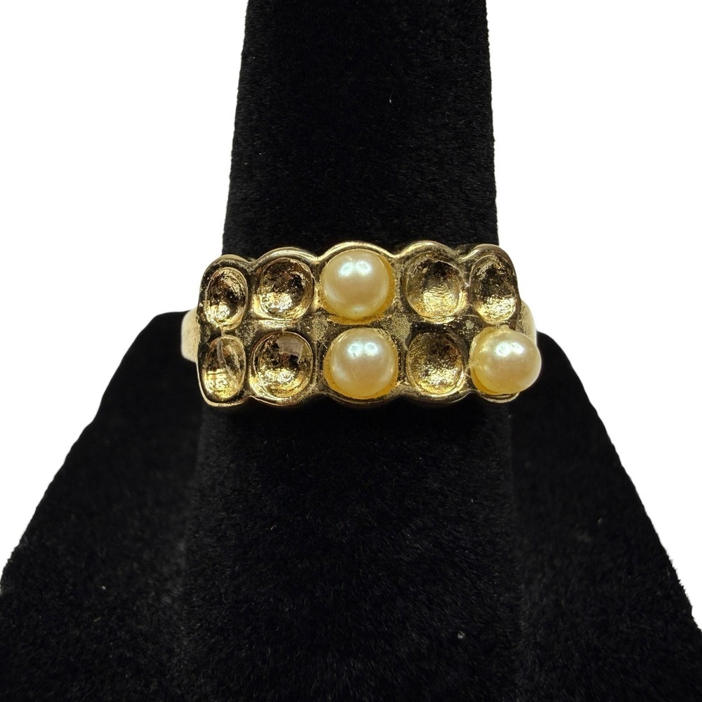 Elegant Classic Gold Tone Faux Pearl Cluster Ring Statement Fashion Jewelry Sz 7